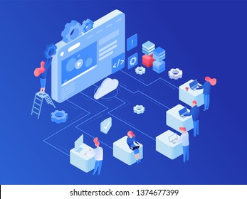 Web hosting platform isometric vector illustration. Website optimization, service, SEO, cloud computing, webpage development flat concept. Web designers, programmers, coders working isolated clipart