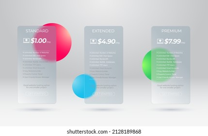 Web hosting pricing plans for websites and applications. Glass frame with trendy morphism effect. Modern subscription plan table template. Transparent blurred glass plate.