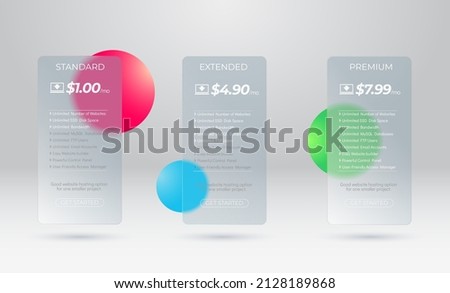 Web hosting pricing plans for websites and applications. Glass frame with trendy morphism effect. Modern subscription plan table template. Transparent blurred glass plate.