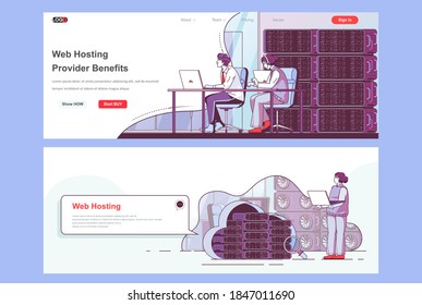 Webhosting-Anbieter-Zielseiten-Set. Rechenzentren, Cloud-Speicherservice, Firmenwebsite. Flache Vektorgrafik mit Menschen-Zeichen. Webkonzept als Header, Fußzeile oder mittleren Inhalt verwenden.