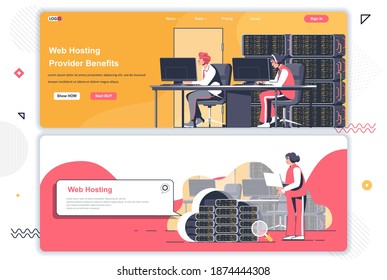 Webhosting-Anbieter-Zielseiten-Set. Rechenzentren, Cloud-Speicherservice, Firmenwebsite. Flache Vektorgrafik mit Menschen-Zeichen. Webkonzept als Header, Fußzeile oder mittleren Inhalt verwenden.