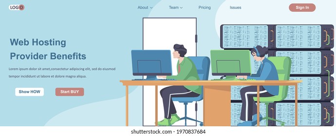 Web Hosting Providers Benefits banner concept. Online administrators team working in computer web data center server landing page template. Vector illustration with people characters in flat design
