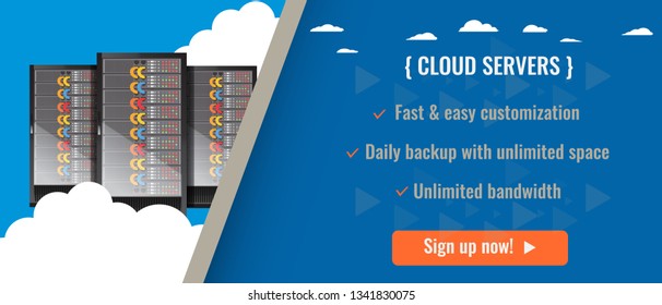 Web hosting server or cloud server advertisement template layout design. Vector illustration.