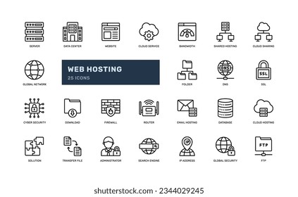 web hosting server cloud website security detailed outline line icon set. eps vector file