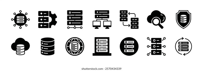 Web hosting server icon vector set. Containing connection, center, big data technology, database, cloud computing, global network, research, management, backup, cyber security