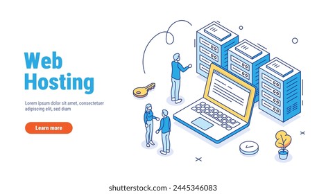 Web hosting or server outline isometric. Web hosting service with cyber security technology concept. Character staying near laptop and managing files and data on cloud web server.