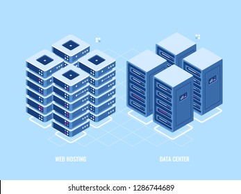 Web hosting server rack, isometric icon of database and data center, blockchain digital technology concept, cloud storage, flat vector illustration, blue white