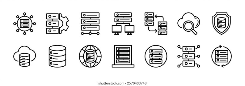 Web hosting server thin line icon set. Containing connection, center, big data technology, database, cloud computing, global network, research, management, backup, cyber security. Vector illustration