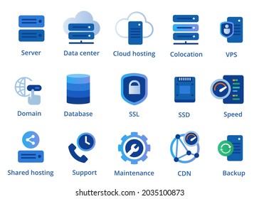 web hosting service icon set from colocation server VPN shared to CDN and SSL