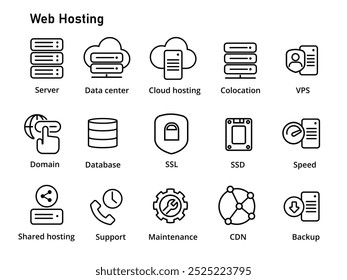 Ícone do serviço de hospedagem na Web definiu o servidor simples de linha preta da estrutura de tópicos VPS servidor compartilhado Colocação do servidor CDN na nuvem servidor privado virtual