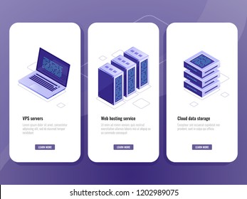 Web Hosting Service Isometric Icon, Vps Server Room, Data Warehouse Cloud Storage, Laptop With Big Data Processing Process On Screen Vector Vertical Banner