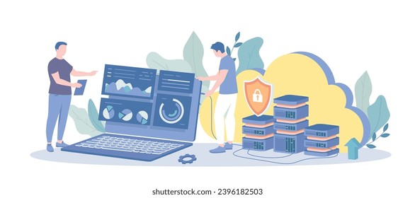 Web Hosting Service. Online database, cloud computing, web data center, server. File storage and protection. Vector illustration with character situation for web.	
