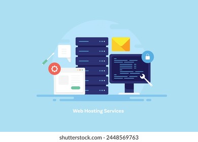 Servicio de alojamiento de Web, Servidor bajo mantenimiento, Actualizar de sistema de Sitio web, migración de Sitio web, servicio de alojamiento de correo electrónico - Ilustración vectorial con iconos