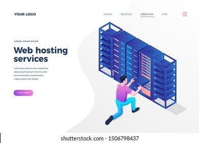 Web hosting services isometric landing page template. Programmer, engineer providing server technical support. Digital data storage system. Modern datacenter for information backup homepage design