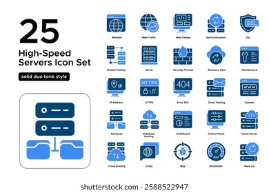 Web Hosting Services and Server Solutions. Cloud Computing, Website Performance, and Hosting Plans. Vector Illustration. Solid duo tone icon set