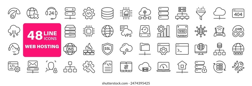 Web hosting set of web icons in line style. Hosting and cloud computing icons for web and mobile app. Containing webspace, data exchange, domain, cloud, website, server, traffic and service and more