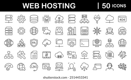 Conjunto de ícones da Web de hospedagem na Web em estilo de linha. Ícones de hospedagem e computação em nuvem para aplicativos móveis e da Web. Contendo espaço web, troca de dados, domínio, nuvem, site, servidor, tráfego e serviço e muito mais