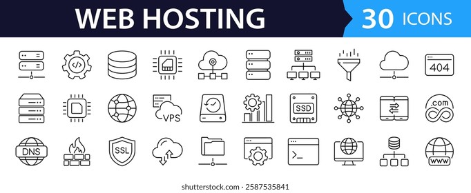 Web hosting set of web icons in line style. Hosting and cloud computing icons for web and mobile app. Containing webspace, data exchange, domain, cloud, website, server, traffic and service and more