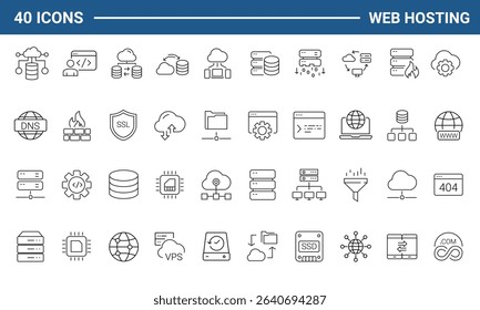 Web hosting set of web icons in line style. Hosting and cloud computing icons for web and mobile app. Containing webspace, data exchange, domain, cloud, website, server, traffic and service and more.
