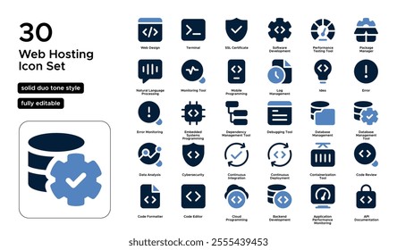 Web Hosting Solid Duo Tone Icon Set: Domain Management, Website Servers, and Internet Hosting Icons