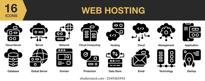 Conjunto de ícones sólidos de Hospedagem na Web. Inclui servidor em nuvem, servidor, rede, hospedagem de computação em nuvem, domínio, banco de dados e muito mais. Coleção vetorial de ícones sólidos.