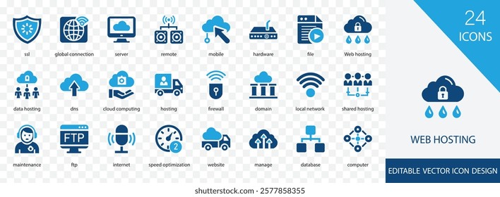 Web hosting solid icon set. containing technology, innovation, cloud computing, speed optimization, backup and more vector design 