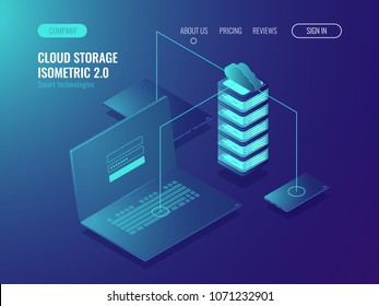 Web hosting solution, cloud server data storage, data transfer and data transmission technology isomeric vector illustration Web hosting solution, cloud server data storage, data transfer and data transmission technology isomeric vector illustration
