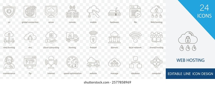 Web hosting thin line icon set. containing technology, innovation, cloud computing, speed optimization, backup and more stroke design 