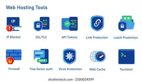 Web hosting tools icon set service from SSL IP blocker firewall API tokens web cache two factor authentication security tools blue element design