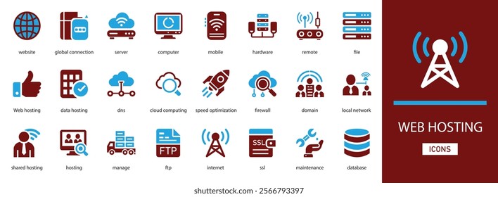 Web hosting vector icon set.  with server, database, website, global connection, computer more icons