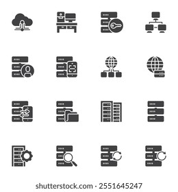 Web Hosting vector icons set, modern solid symbol collection, filled style pictogram pack. Signs, logo illustration. Set includes icons as Big Data, Database network, Data center, Server rack, Storage