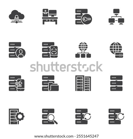 Web Hosting vector icons set, modern solid symbol collection, filled style pictogram pack. Signs, logo illustration. Set includes icons as Big Data, Database network, Data center, Server rack, Storage