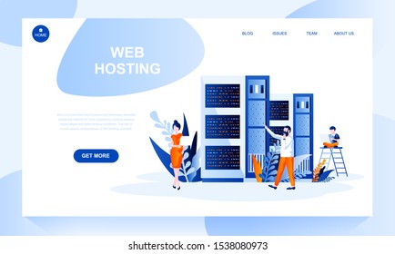 Web hosting vector landing page template with header. Website banner, homepage design with flat illustrations. Datacenter and online data storage. Networking sites, internet server