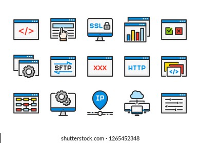 Web Hosting and Website Development related color line icons. IP, browser, host and website vector linear colorful icon set. Isolated icon collection on white background.