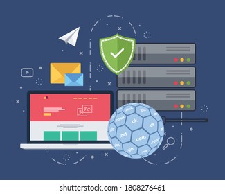 Alojamiento web, sitio web, dominio e imagen plana de concepto de correo electrónico