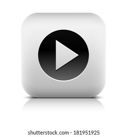 Web Icon with arrow play sign in black circle. Series in a stone style. Rounded square internet button with reflection and shadow on white background. Vector illustration design element in 8 eps
