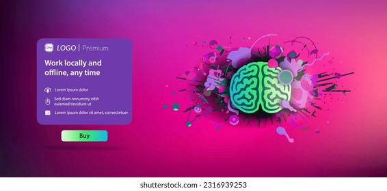 web icon with an artificial intelligence brain exploding into pieces horizontal banner. Vector banner