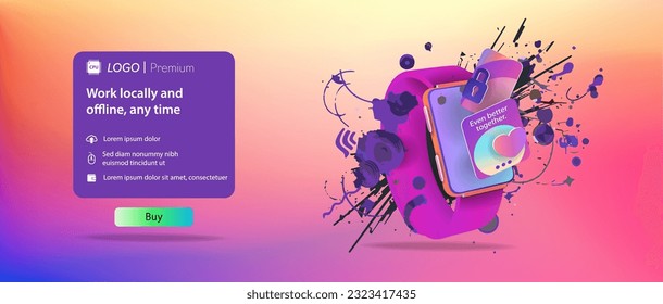 A web icon and a web banner with a smart watch and an explosion of small colored particles. Vector banner