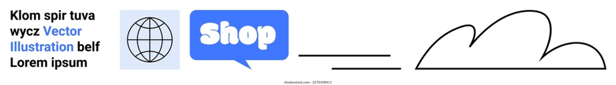 Web icon, blue chat bubble with Shop text, and a simple cloud outline. Ideal for online store, marketing, e-commerce, technology, and web service themes. Banner for landing page