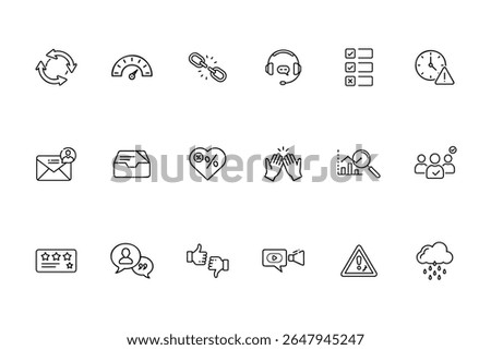 Web icon bundle featuring feedback symbols like thumbs up, stars, rain cloud icons