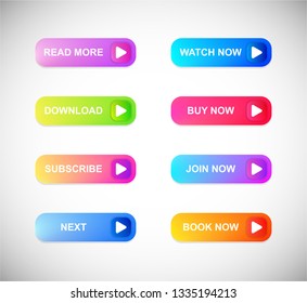Web icon, button, banner set, isolated on white. Vector illustration. Read more, download, subscribe, next, watch now, buy now, join now, book now. EPS 10
