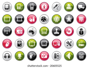 Web Icon Buttons Collection. Audio and Video Color Set.