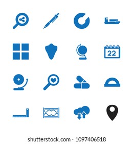 Web icon. collection of 16 web filled icons such as animal fang, ship, cube, protractor, search share, download upload cloud. editable web icons for web and mobile.