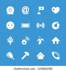 Web icon. collection of 16 web filled icons such as fence, house building, pie chart, sad emot, banana, call, signal, at mail. editable web icons for web and mobile.