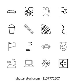 Web icon. collection of 16 web outline icons such as plus, bucket, flag, love word, wi-fi, pause, car, exercise bike, laptop. editable web icons for web and mobile.