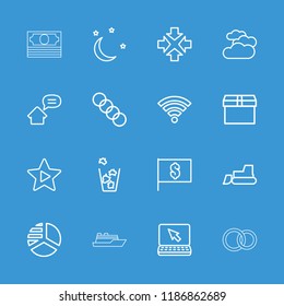 Web icon. collection of 16 web outline icons such as cloudy weather, pie chart, trash bin, tractor, box, flag with dollar, laptop, move. editable web icons for web and mobile.