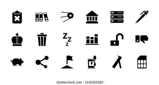 Web icon. collection of 18 web filled icons such as pig, trash bin, share, lock, chart, star, crown, memory card, cannon. editable web icons for web and mobile.