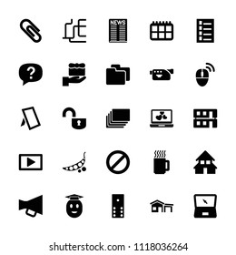 Web icon. collection of 25 web filled icons such as document, gift, domino, camera, prohibited, laptop, play, photo, house building. editable web icons for web and mobile.