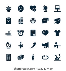Web icon. collection of 25 web filled icons such as carrot, exercise bike, t-shirt, document, clock alarm, heart with cross. editable web icons for web and mobile.