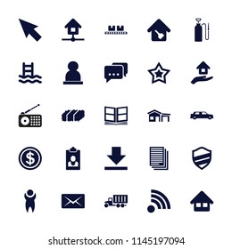 Web icon. collection of 25 web filled icons such as pointer, photo album, home, home key, house insurance, man, dollar coin, car. editable web icons for web and mobile.